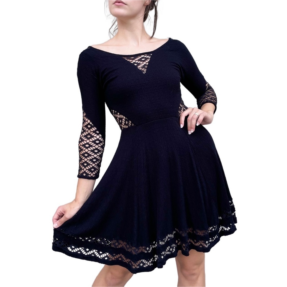 Free People Open Knit Crochet Whimsigoth Bohemian Fit and Flare Mini Dress